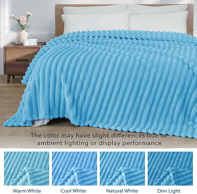 Exclusivo Mezcla King Size Flannel Fleece Blanket, Super Soft Striped Jacquard Bed Blanket, Lightweight Fuzzy Cozy for All Seasons, 90x104 Inches, Blue