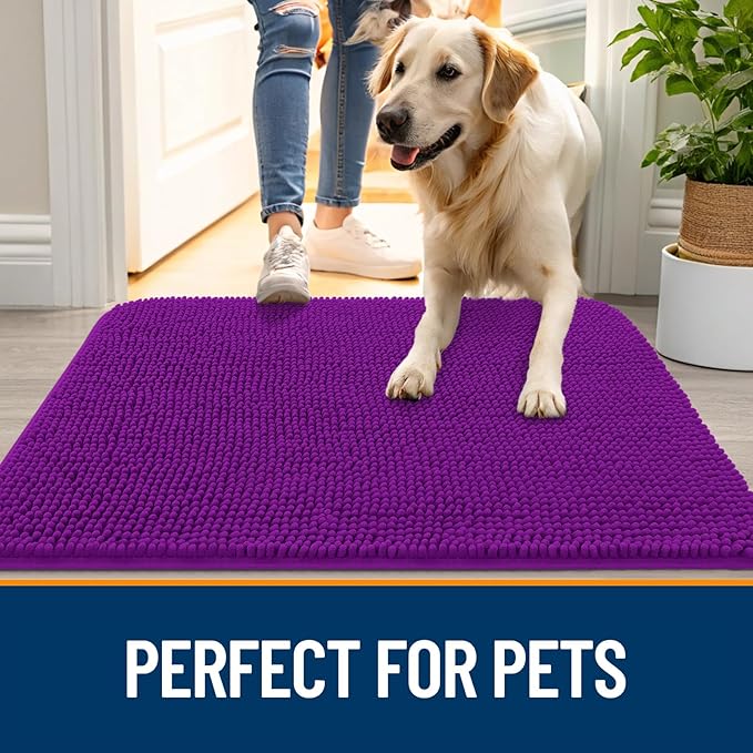 OLANLY Dog Door Mat for Muddy Paws 32x20, Absorbs Moisture and Dirt, Absorbent Non-Slip Washable Doormat, Quick Dry Chenille Mud Mat for Dogs, Entry Indoor Entryway Carpet for Inside Floor, Purple