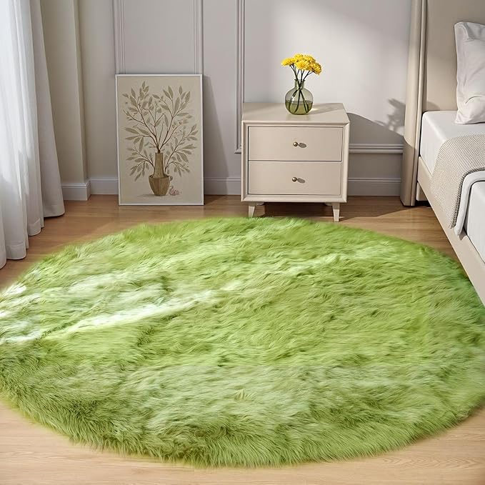 Goolela Lime Green Circle Area Rug 5ft Round Fluffy Faux Fur Rug for Bedroom Living Room Playroom Fuzzy Furry Soft Washable