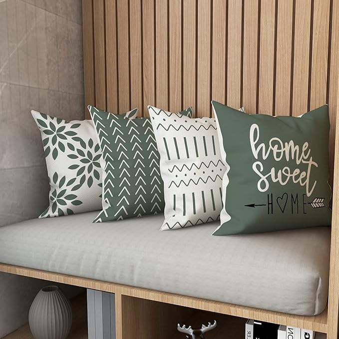 YCOLL Pillow Covers 16x16 Set of 4, Modern Sofa Throw Pillow Cover, Decorative Outdoor Linen Fabric Pillow Case for Couch Bed Car, Aqua Green