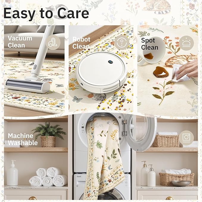 Soalmost Cat 6x9 Area Rugs for Living Room, Machine Washable Animal Floral Vintage Rug Non-Slip Low Pile Soft Throw Rugs for Bedroom Dining Room Kitchen Nursery Playroom (6 x 9,Beige)