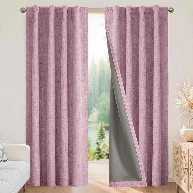 Joydeco Linen Blackout Curtains for Bedroom - 100% Light Blocking 1 Panels, Pink Drapes 100" W x 108" L, Thermal Insulated Room Darkening Curtains for Living Room, Rod Pocket & Back Tabs