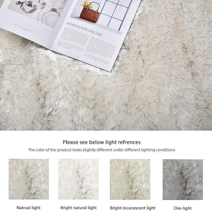 ORINOVA White and Grey Rug 8x10 Area Rugs for Living Room Machine Washable Shag Faux Sheepskin Furry Fur Rug Large Nursery Rectangle