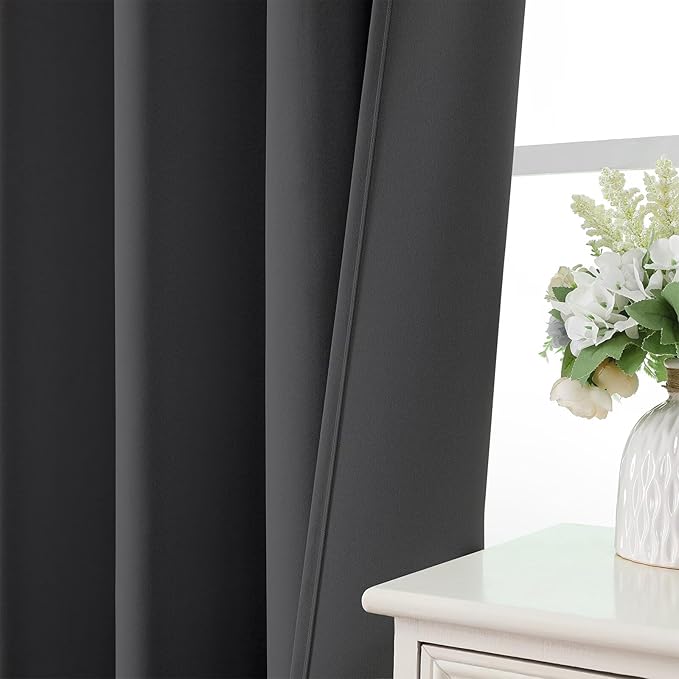 CUCRAF Dark Grey Blackout Curtains 90 inch Length 2 Panels Set, Rod Pocket Room Darkening Drapes for Bedroom Living Room, Insulated Thermal Light Blocking Window Curtain (W52 x L90 Inch)