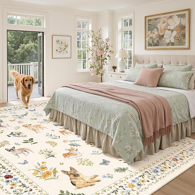 Soalmost Dog 9x12 Area Rugs for Living Room, Machine Washable Animal Floral Vintage Rug Non-Slip Low Pile Soft Throw Large Rugs for Bedroom Dining Room Kitchen Nursery Playroom (9 x 12,Beige)