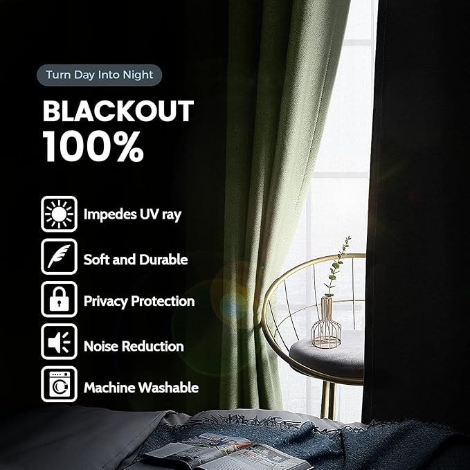 SimpleHome 100% Blackout Curtains for Bedroom,Thermal Insulated Grommet Window Drapes Room Darkening Sage Curtains for Living Room with Black Back,52 x 84 Inch,2 Panels