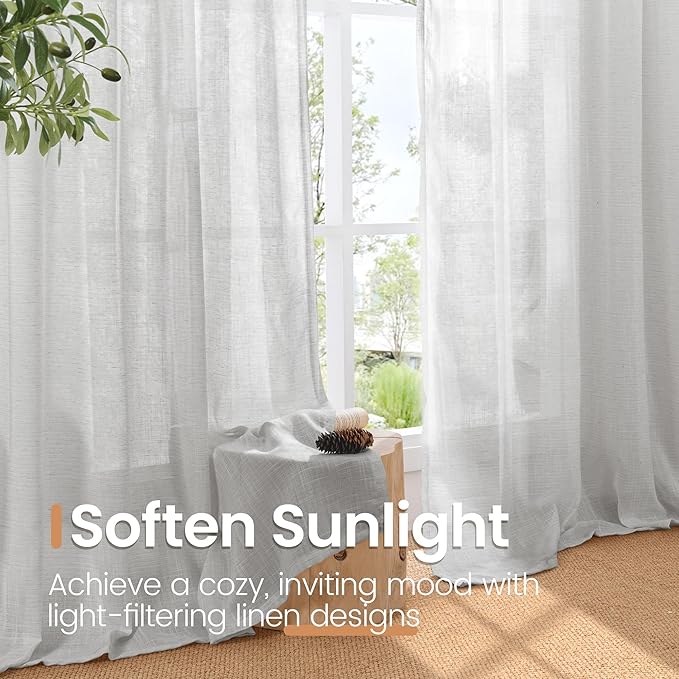 BGment Light Grey Linen Curtains 54 Inch Length for Window - Rod Pocket Short Drapes Light Filtering for Living Room Bedroom Decorative Lightweight Natural Rustic, 2 Panels Set, 42 X 54 Inch