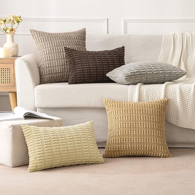 MIULEE Pack of 2 Corduroy Decorative Euro Sham Throw Pillow Covers 24x24 Inch Soft Boho Striped Pillow Covers Modern Farmhouse Home Decor for Sofa Living Room Couch Bed Dark Brown