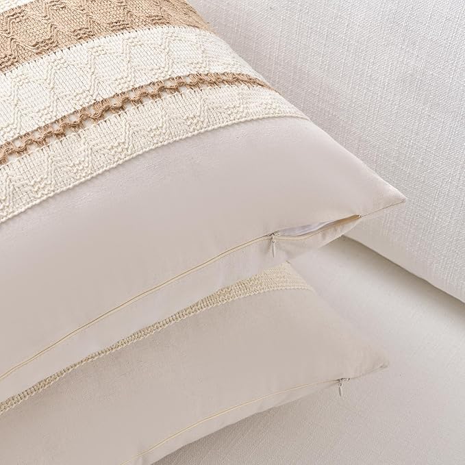 Fancy Homi Set of 1 Boho Neutral Long Lumbar Decorative Throw Pillow Cover 12x24 Inch for Couch Bed Sofa Chair, Modern Organic Farmhouse Home Decor, Soft Cotton Cute Accent Tan Rectangle Cushion Case
