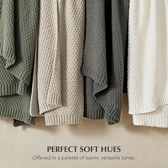 EVERGRACEHOME Chunky Chenille Knit Throw Blanket for Couch, Soft Luxurious Moss Stitch Blankets for Bed, Cozy Decorative Farmhouse Knitted Throws for Sofa, Bright White, 60" x 80"