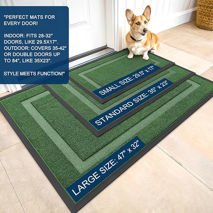 OLANLY Front Door Mat Indoor Outdoor Entrance, Waterproof All-Season, All-Weather Doormat, Sturdy Natural Rubber, Fade Resistant, Low Profile, Easy Clean Patio Porch Entryway Mat, 47x32, Green