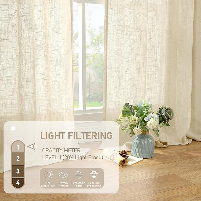 LAMIT Linen Semi Sheer Curtains 96 inches Long 2 Panels Set, Light Filtering Panels Back Tab and Rod Pocket Floor to Ceiling Curtains for Bedroom/Living Room, Beige, 52 x 96 Inch