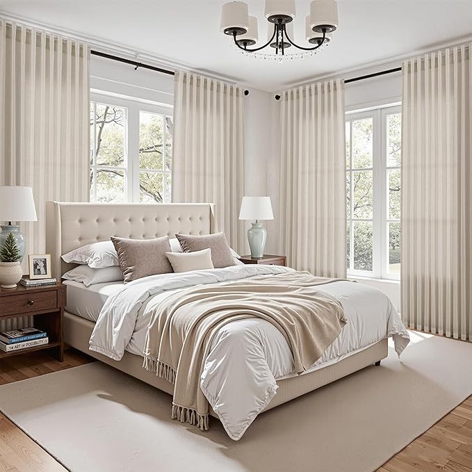 Boho Linen 112 Inch Curtains for Living Room Light Filtering Semi Sheer Curtain Back Tab Boho Eclectic Home Decor Elegant Farmhouse Drapes Floor to Ceiling High Window for Bedroom 52x112, 2 Panels