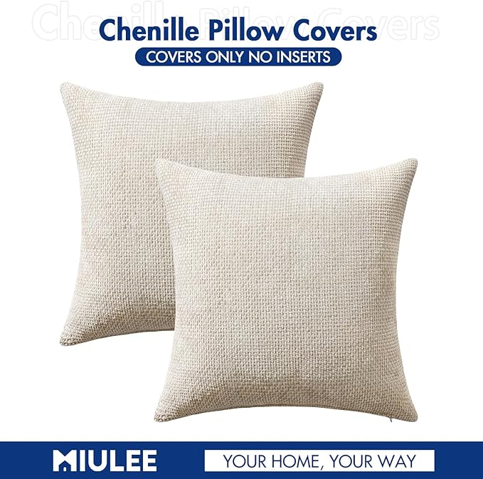 MIULEE Pack of 2 Lumbar Couch Throw Pillow Covers 20x12 Inch Neutral Beige Modern Boho Accent Decorative Pillow Covers Soft Chenille Farmhouse Cushion Covers for Home Decor Bed Sofa Living Room
