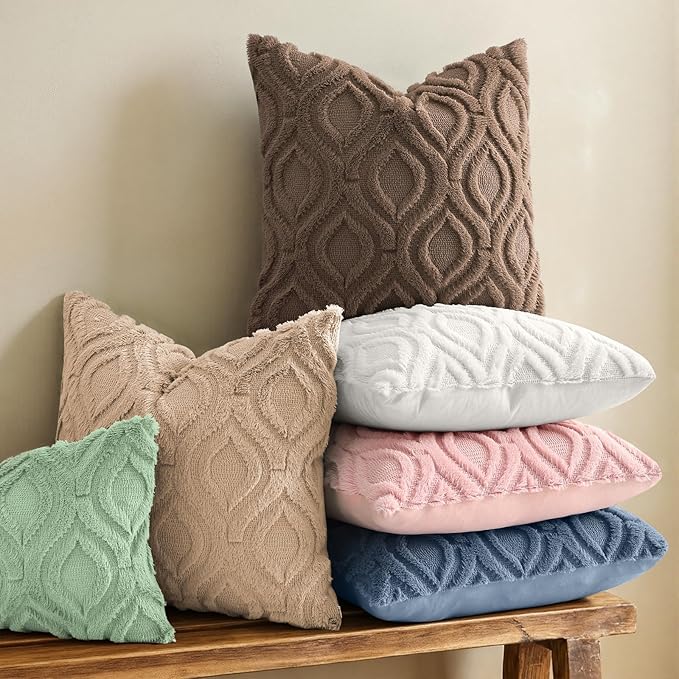decorUhome Throw Pillow Covers 16x16 Inch Set of 2, Soft Plush Faux Wool Brown Solid Couch Pillow Covers, Accent Farmhouse Neutral Square Pillow Cases for Sofa Bed Living Room