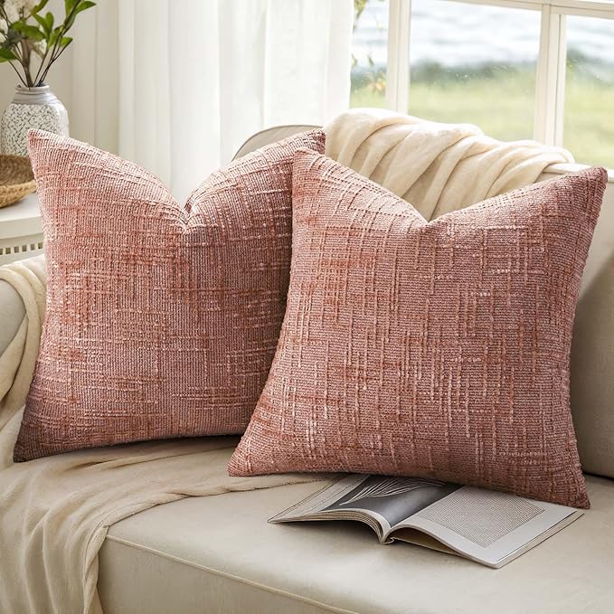 decorUhome Summer Pink Chenille Throw Pillow Covers 16x16 Set of 2 Textured Soft Cozy Slubby Couch Pillow Covers Modern Farmhouse Boho Decorative Pillow Cases for Bed Sofa Living Room