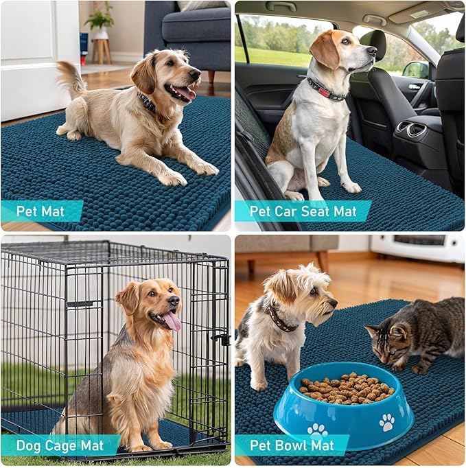 OLANLY Dog Door Mat for Muddy Paws 54x24, Absorbs Moisture and Dirt, Absorbent Non-Slip Washable Doormat, Quick Dry Chenille Mud Mat, Entry Indoor Entryway Carpet for Inside Floor, Atlantic Blue