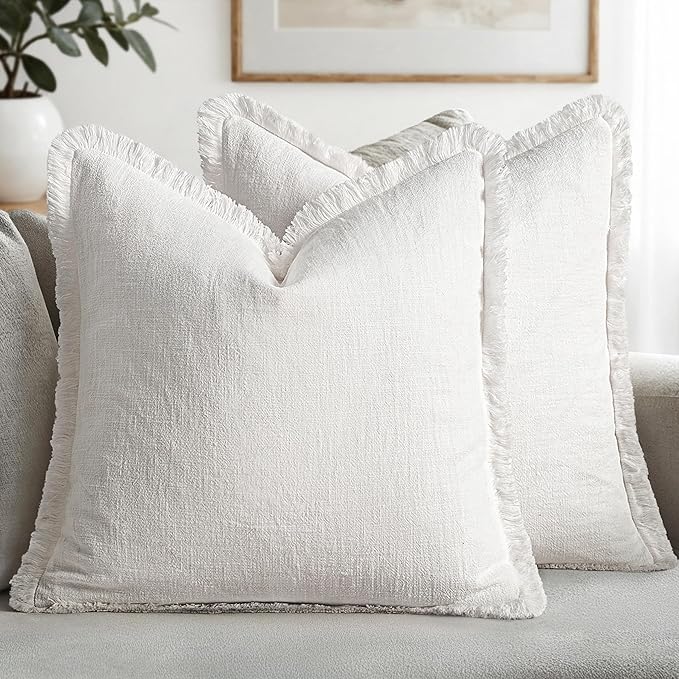 MIULEE Decorative Throw Pillow Covers Neutral Linen Fringe Throw Pillows Set of 2 White Boho Farmhouse Cushion Covers with Tassels for Couch Sofa Bed Living Room Home Spring Decor 18x18 Inch