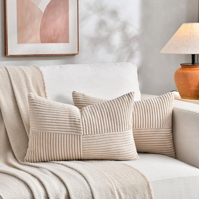 Fancy Homi 2 Packs Tan Long Lumbar Decorative Throw Pillow Covers 12x24 Inch for Couch Bed Sofa, Rustic Farmhouse Boho Home Decor, Soft Striped Corduroy Rectangle Accent Beige Cushion Case 30x60 cm