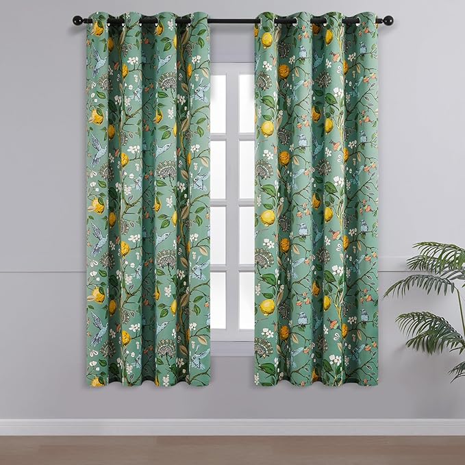 Topfinel 60 Inches Long Custom Sage Green Luxury Curtains for Living Room Bedroom, Blackout Vintage Victorian Curtains Floral Lemon Hummingbird Printed Grommet Drape 60 Inch Length