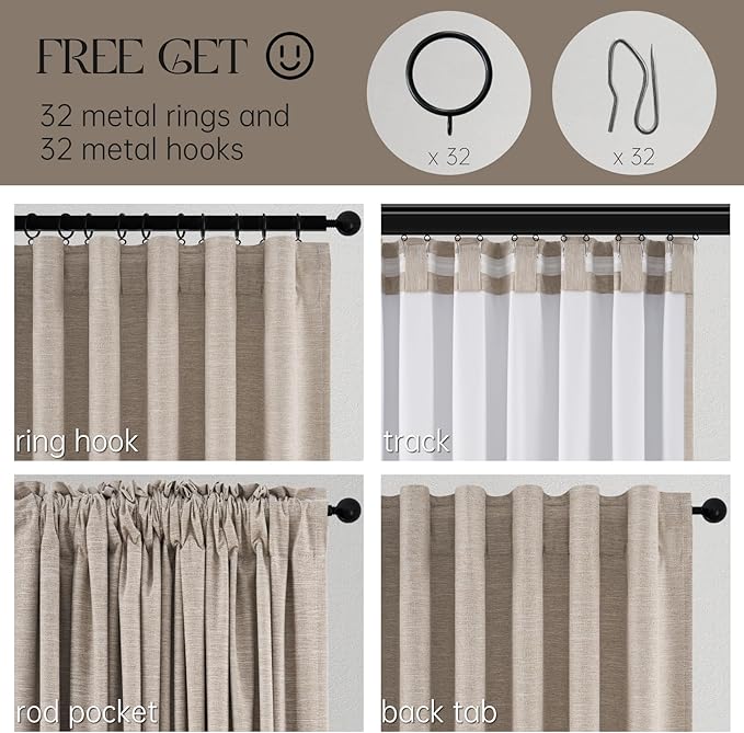 Topfinel 92 Inches Long Taupe Farmhouse Tweed Custom Black Out Drapery Panels, Rustic Country Faux Textured Opaque Pleated Window Coverings, Kids Cream Boho Heat Blocking Tab Top Curtains