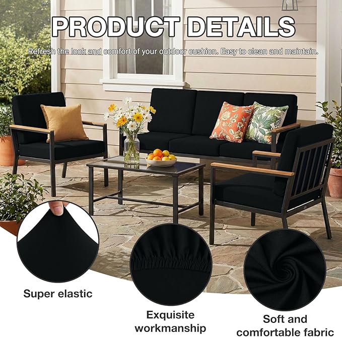 hyha 8Pcs Patio Cushion Covers, Stretch Outdoor Couch Cushion Covers Replacement, Washable Outdoor Chair/Sofa Slipcovers for Patio Furniture Cushions Protector with Elastic Bottom(Black,Cover Only)