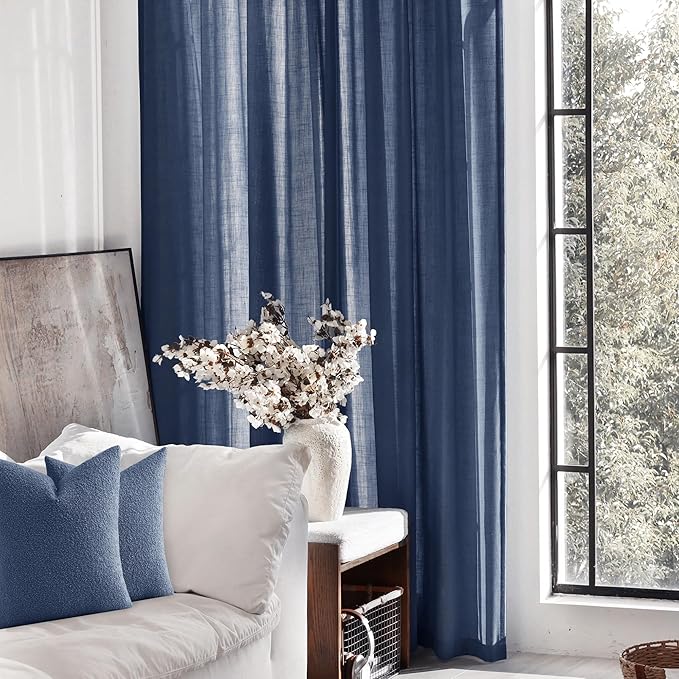 Navy Blue Curtains 96 inch Length for Bedroom Back Tab Light Filtering Semi Sheer Blue Living Room Curtains Linen Cotton Textured Indigo Blue Drapery Panel Modern Farmhouse Aesthetic Decor Dark Blue