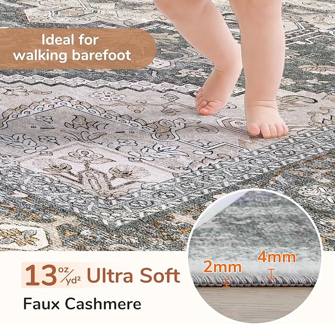 OPPODREAM Soft Area Rugs 4x6, Low-Pile Washable Rugs 4x6 with Non Slip Backing, Faux Cashmere 4 x 6 Throw Carpet, Greenish Grey