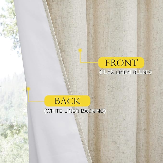 NICETOWN Farmhouse Style 100% Blackout Natural Linen Curtains 90 inches Length, 2 Panels, 42" W, Room Cooling Window Draperies with Thermal Insulated Liners for Dining Room