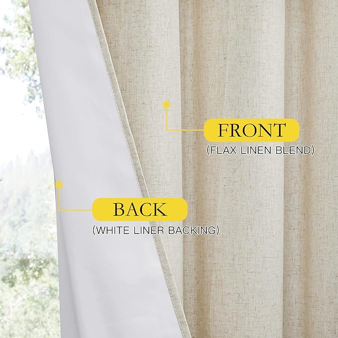 NICETOWN Natural Bedroom Full Blackout Linen Curtain Panels Set of 2, 42" by 72", Thick Insulated Classic Grommet Blackout Draperies with White Thermal Insulated Liner for Windows