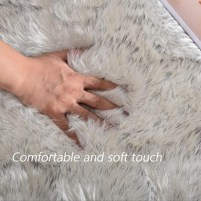 Latepis 6x9 Faux Sheepskin Rug for Living Room Fluffy Washable Rugs for Bedroom Luxury Room Decor White with Grey Tips Rug for Bedroom Fluffy Rectangle