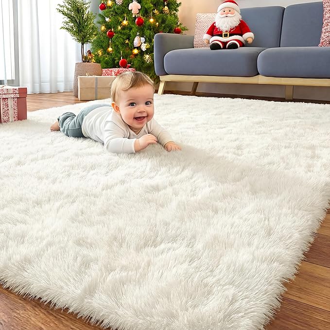 OLANLY 7x12 Machine Washable Large Area Rugs for Living Room, Bedroom, Soft Fluffy Shaggy Bedside Rug, Indoor Floor Carpet for Kids Girls and Boys, Dorms, Nursery, Home Decor Aesthetic, Ivory
