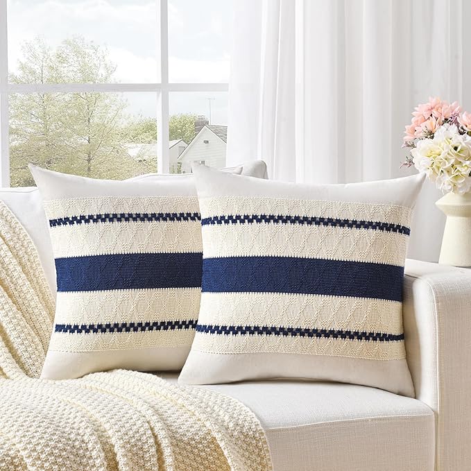 Fancy Homi Set of 1 Navy Blue Decorative Throw Pillow Covers 18x18 Inch for Couch Bed Sofa Living Room Office, Aesthetic Modern Organic Farmhouse Home Decor, Soft Cotton Woven Textured Cushion Case