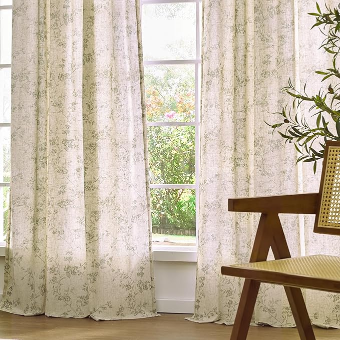 Lazzzy 90 inch Long Curtain for Bedroom Green Floral Linen Drapes for Living Room Farmhouse Country Vintage Light Filtering Curtains Rod Pocket Back Tab, 2 Panels, Green on Beige