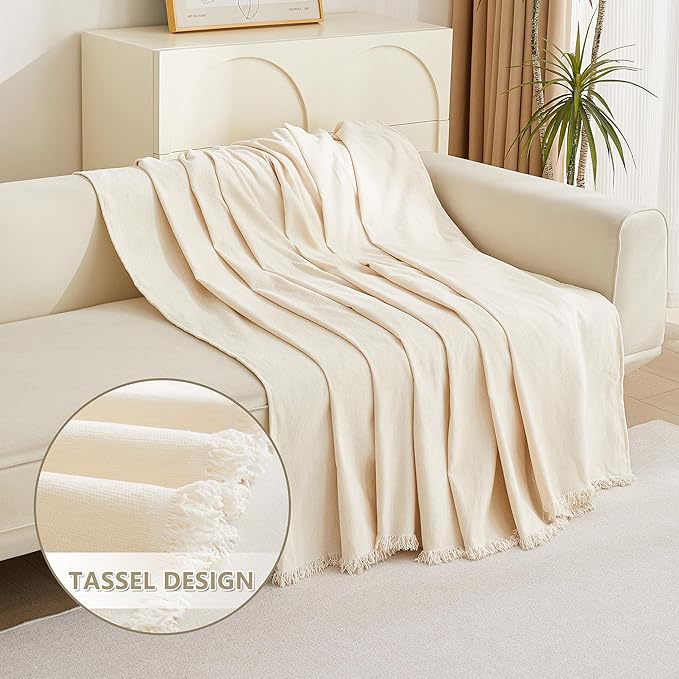 MYSKY HOME Beige Couch Covers Boho Style Chenille for 2 Cushion L-Shape Washable Couch Blanket with Tassel Pet Cushion Cover, 71" X102