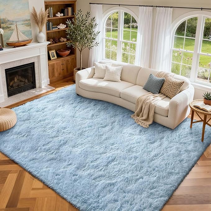 8x10 Ft Extra Large Shag Rugs for Living Room, Ultra Soft Fluffy Furry Area Rugs for Bedroom Indoor Floor, Aesthetic Carpet for Kids Home Decor (Light Blue)