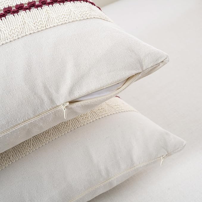 Fancy Homi Set of 1 Burgundy Boho Euro Decorative Throw Pillow Covers 26x26 Inch for Couch Bed Sofa, Aesthetic Modern Farmhouse Christmas Room Decor, Soft Cotton Cute Textured Cushion Case