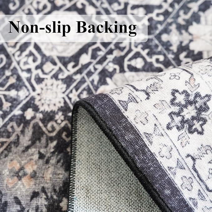 Hallway Washable Runner Rug - 2'6x12 Kitchen Rugs Entryway Rug Runner Vintage Soft Floor Mat Non Slip Indoor Farmhouse Carpet for Bathroom Living Room Bedroom (2'6''x12', Black)