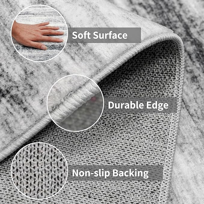 3x8 Washable Runner Rug for Family: Easy-to-Clean Runners for Hallway Entryway Kitchen Bedroom - Stain and Water Resistant Rugs with Non-Slip Backing - Soft Low-Pile Carpet Grey