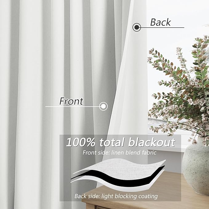 Guken White 100% Blackout Linen Curtains 96 Inch Length 2 Panels Set for Living Room Bedroom Back Tab Rod Pocket Thermal Insulated Black Out Drapes Room Darkening Farmhouse Window Curtains 52x96
