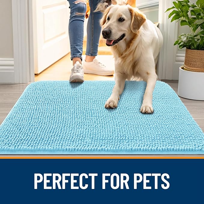 OLANLY Dog Door Mat for Muddy Paws 59x32, Absorbs Moisture and Dirt, Absorbent Non-Slip Washable Doormat, Quick Dry Chenille Mud Mat for Dogs, Entry Indoor Entryway Carpet for Inside Floor, Blue