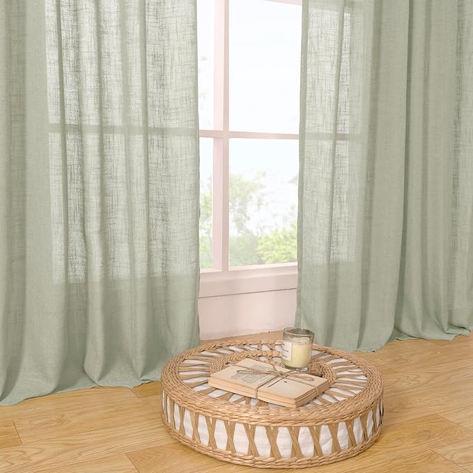 LAMIT Linen Semi Sheer Curtains 96 inches Long 2 Panels Set, Light Filtering Panels Back Tab and Rod Pocket Floor to Ceiling Curtains for Bedroom/Living Room, Sage Grey, 52 x 96 Inch