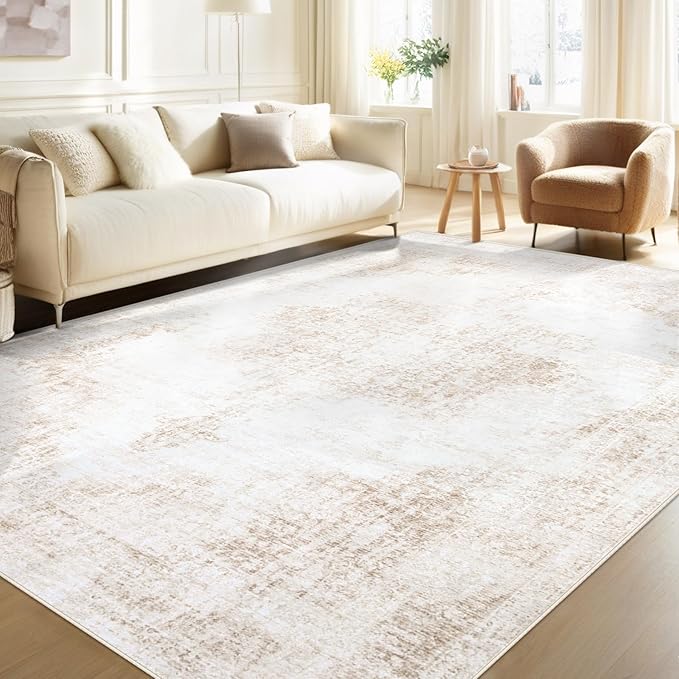 Area Rug 6x9 Vintage Rug: Washable Living Room Rugs Retro Medallion Distressed Large Rugs Soft Low Pile Non-Slip Indoor Floor Carpet for Bedroom Kitchen Nursery Dining Table Office (Beige, 6'x9')