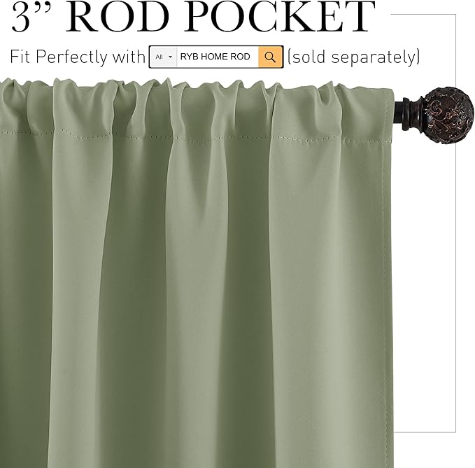 RYB HOME Half Curtain Tiers 36 inch Length, Rod Pocket Summer Heat Blocking Thermal Insulated Short Blackout Curtains for Small Window, Width 34 by Length 36, Sage Green, 2 Panels