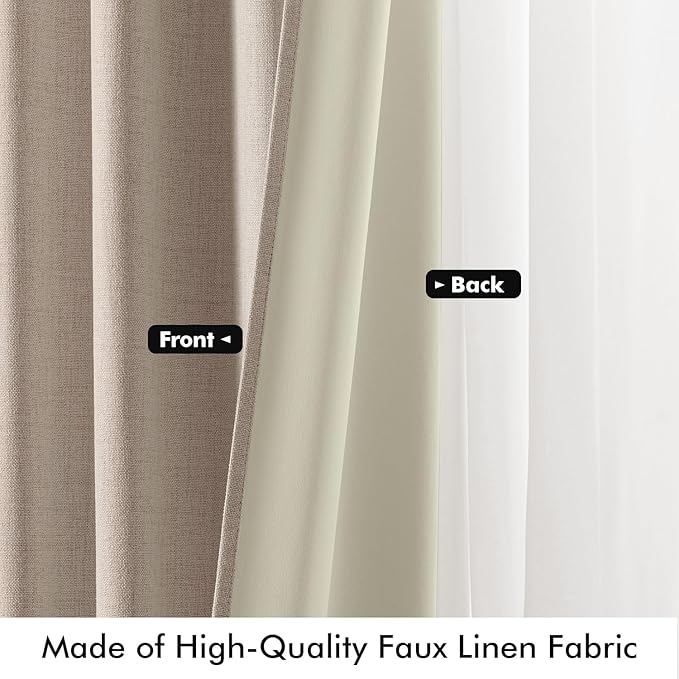 MIULEE 100% Blackout Linen Curtains for Bedroom, Beige Solid Luxury Decor Thermal Insulation Room Darkening Drapes for Living Room Nursery Back Tab Rod Pocket 42 x 63 Inches, 2 Panels