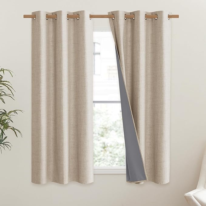 NICETOWN Cream 100% Blackout Linen Curtains 45 inch Long Burg for Dining Room, 1 Pair, 42" Width Each Panel, Farmhouse Thick Completely Blackout Window Treatment Thermal Insulated Drapes