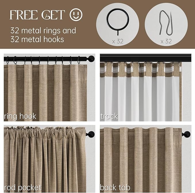 Topfinel 102 Inches Long Custom Blackout Linen Curtains, Pinch Pleated Noise Cancelling Curtains with Pin Hooks for Traverse Rods, Earth Tone Viral Drapes 2 Panels for Living Room Master Bedroom