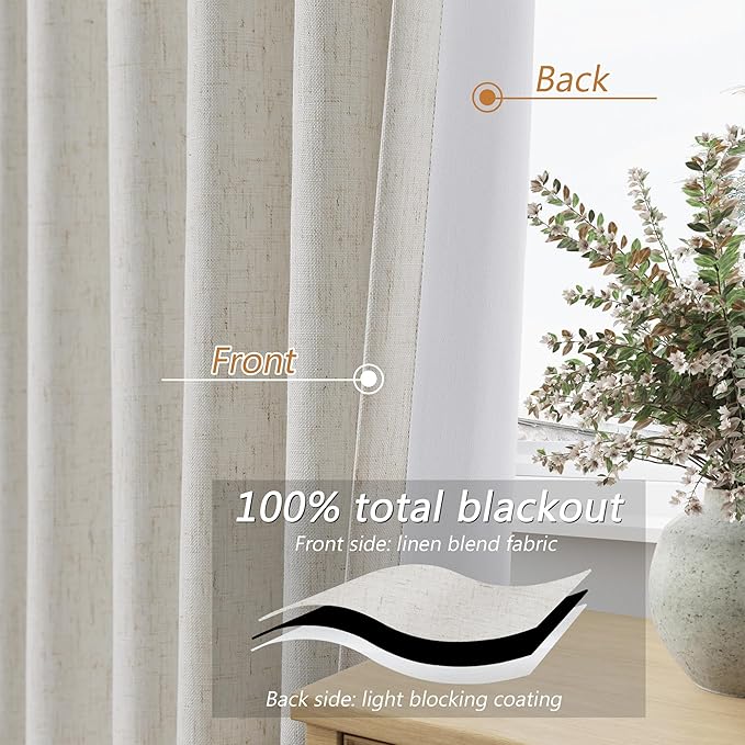 Guken 100% Blackout Boho 96 Inches Long Natural Linen Curtains Floor to Ceiling Drapes for Living Room Winter Thermal Insulated Room Darkening Black Out Sliding Barn Door Curtain, 52x96