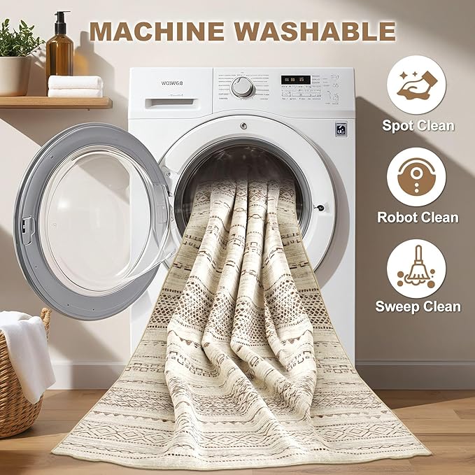 Nakagishi Round Rug Boho Area Rugs: 8x8 Washable Large Circle Neutral Soft Stain Resistant Non-Slip Carpet for Women Aged 25-45 Farmhouse Decor Enthusiasts - Living Room Bedroom Dining Room Nursery