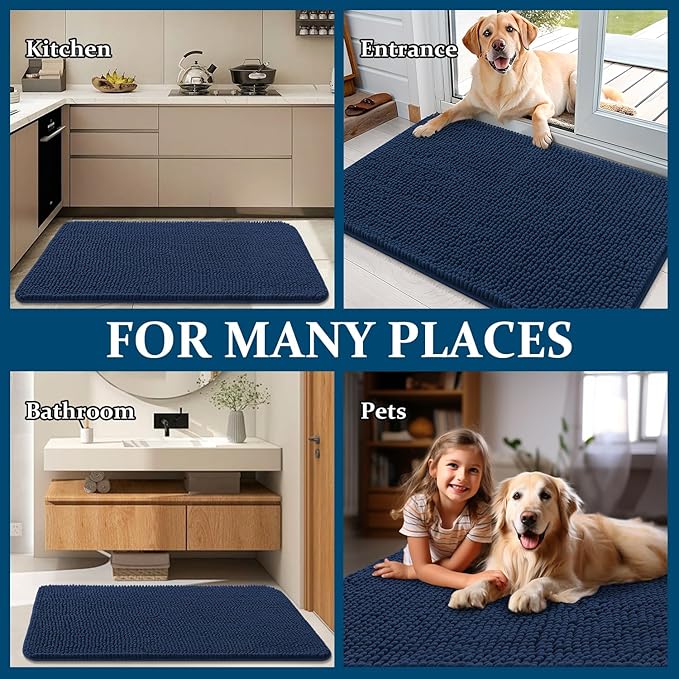 OLANLY Dog Door Mat for Muddy Paws 35x24, Absorbs Moisture and Dirt, Absorbent Non-Slip Washable Doormat, Quick Dry Chenille Mud Mat for Dogs, Entry Indoor Entryway Carpet for Inside Floor, Dark Blue